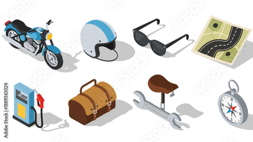 Isometric icons of motorcycle travel gear and accessories for adventure enthusiasts
