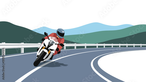 Motorcyclist riding on highway curve with mountain background in flat design
