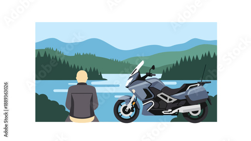 Scenic motorcycle adventure by a serene lake with mountain views