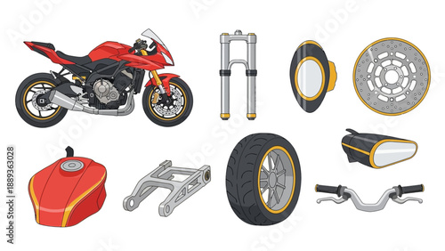 Motorcycle parts set with red sport bike and components in flat design