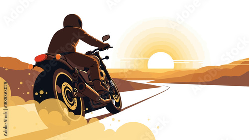 Adventurous motorcyclist riding into a breathtaking sunset across a desert landscape