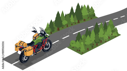 Isometric adventure: motorcycle on scenic forest road