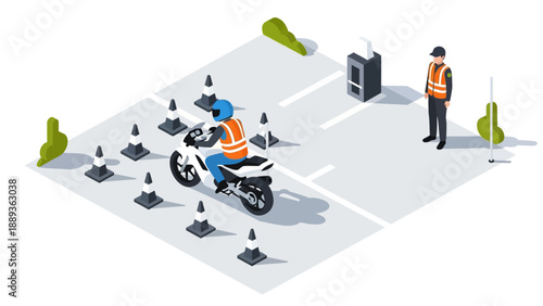 Motorcycle training course with safety cones and instructor in isometric style
