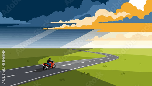 Scenic journey: biker on open road with dramatic sky and distant horizon