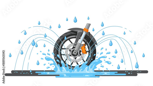 Motorcycle wheel splashing water with cartoon style droplets