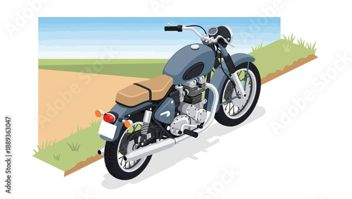 Vintage motorcycle on countryside road in isometric perspective