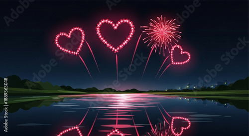 Romantic pink heart balloons and fireworks over serene lake at night with reflection