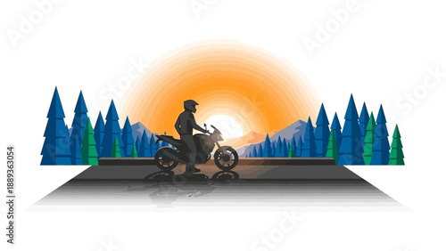 Motorcyclist at sunset on mountain road with silhouette design in vibrant landscape