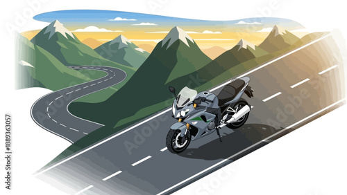 Adventure motorcycle journey on winding mountain road at sunset