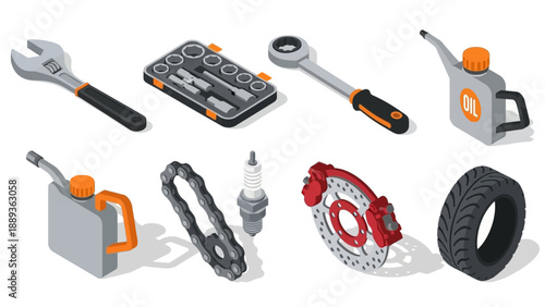 Isometric automotive tools and parts: wrench, spark plug, oil, brake, chain, tire