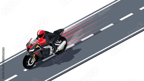 High-speed motorcycle ride on open road in dynamic isometric style