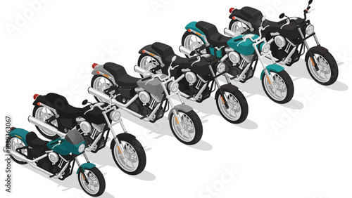Isometric motorcycle collection in various colors and angles