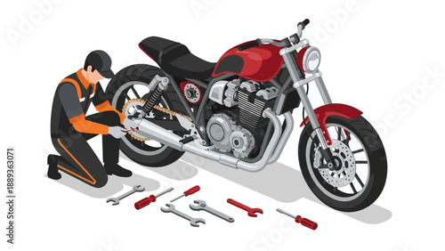 Mechanic repairing motorcycle with tools in isometric design on white background