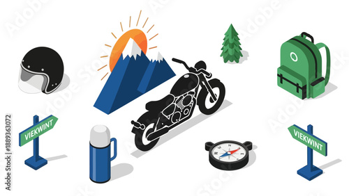 Isometric adventure icons with motorcycle, compass, and camping gear