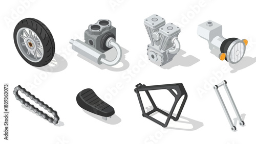 Motorcycle parts set in isometric style for mechanical design and repair projects