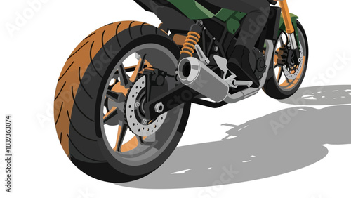 Dynamic rear view of modern motorcycle with bold colors and shadow
