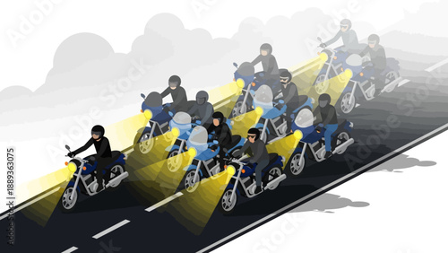 Isometric motorcyclists riding on road with yellow headlights