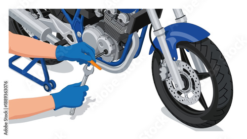 Mechanic repairing motorcycle engine with tools in detailed illustration