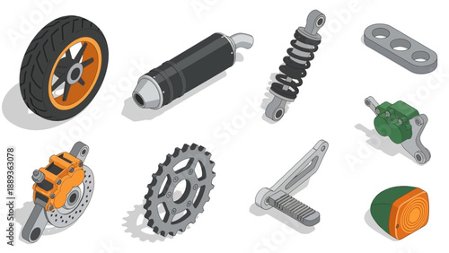Isometric motorcycle parts set: exhaust, shock absorber, brake disc, gear, foot pegs