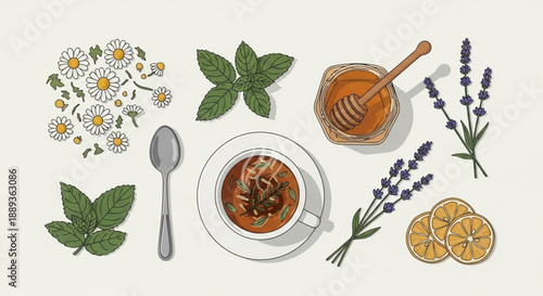 Herbal tea with honey lemon and herbs on a table setting for relaxation and wellness