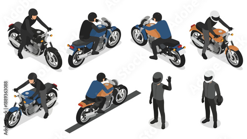 Isometric motorcycle riders collection with various poses and helmets