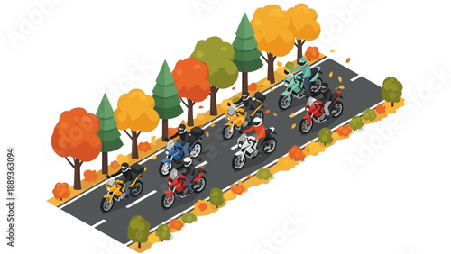 Isometric motorcyclists on autumn road with trees and falling leaves