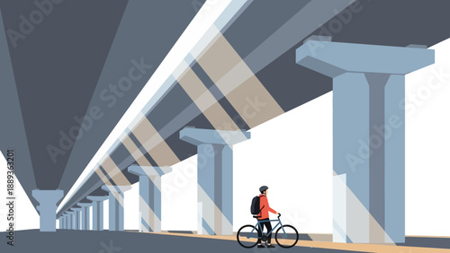 Modern urban commute: cyclist under expansive elevated highway