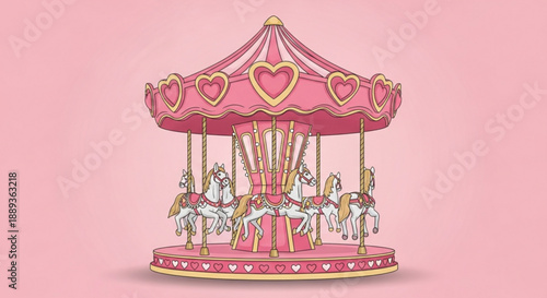 Colorful pink merry go round with white horses and golden accents on a pink background carnival ride