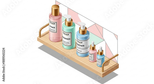 Isometric view of assorted colorful skincare bottles on wooden tray with glass shield wellness and beauty products
