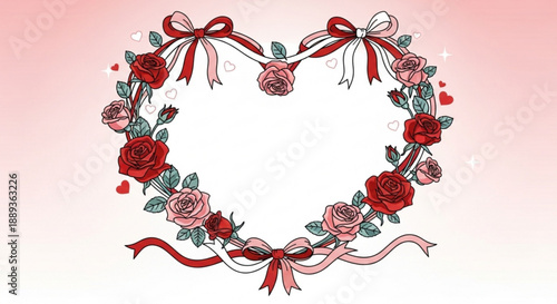 Valentine's day heart shaped floral wreath with red roses pink flowers and ribbons on a soft pink background for love and romance