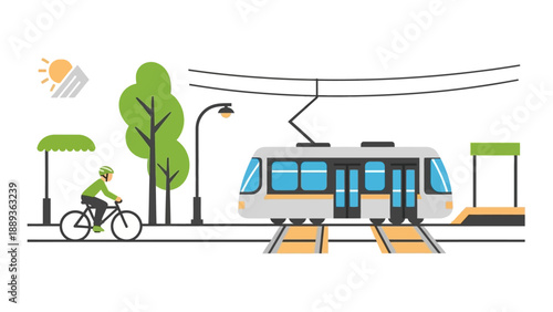 Urban commute scene with bicycle and tram in minimal flat style