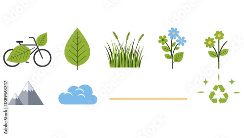 Eco-friendly icons set featuring nature elements and symbols