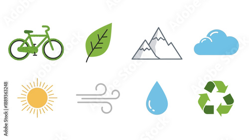 Eco-friendly icons set featuring nature and sustainability symbols