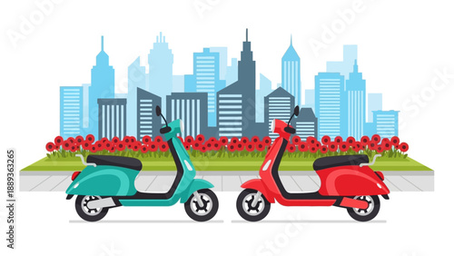 Colorful scooters in front of modern city skyline with red flowers