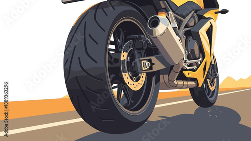 Close-up of modern motorcycle wheel on road, showcasing dynamic motion and speed in flat style