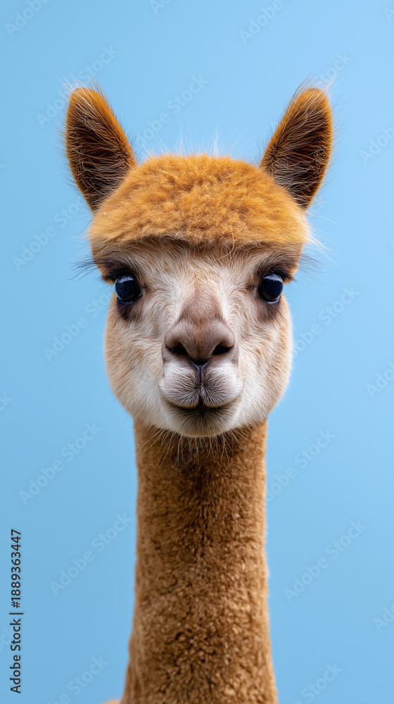 Fototapeta premium Front-facing portrait of a light brown alpaca with a gentle expression, isolated against a clean pastel blue background. 