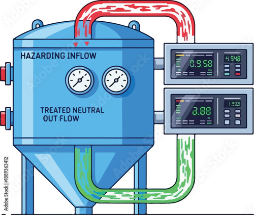 Industrial water treatment process illustration showing hazardous inflow and treated neutral outflow with monitoring devices