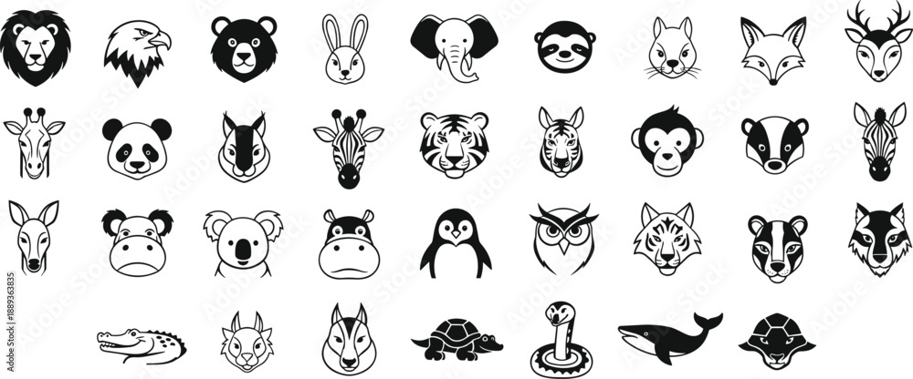 Fototapeta premium Collection of cute and fierce animal faces for design