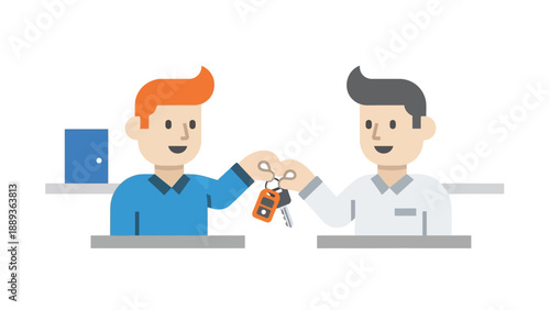 Flat design exchange: two people trading car keys in an office setting