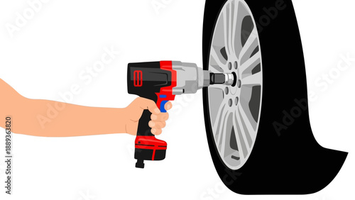Hand using electric impact wrench on car tire in minimalist style