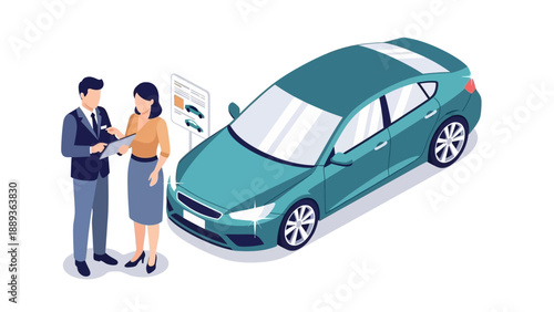 Professional discussion at dealership with isometric car model