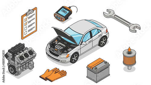 Isometric car maintenance tools and components on white background