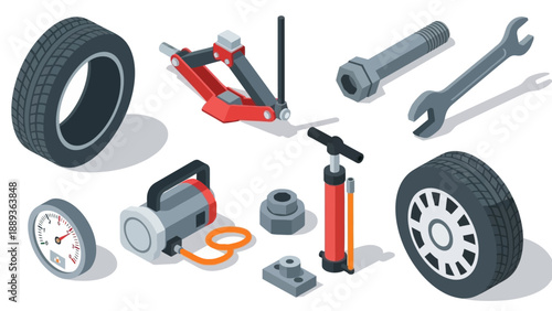 Isometric auto repair tools: tire, jack, wrench, and more for car maintenance