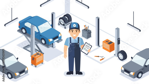 Modern car repair garage with isometric equipment and happy mechanic