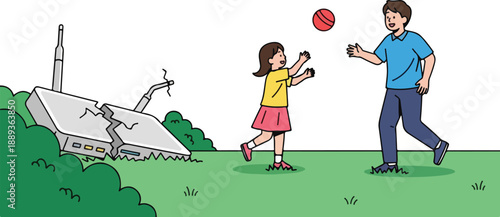 Children playing with a ball near a futuristic building with a unique architecture in a green outdoor environment from a distant viewpoint