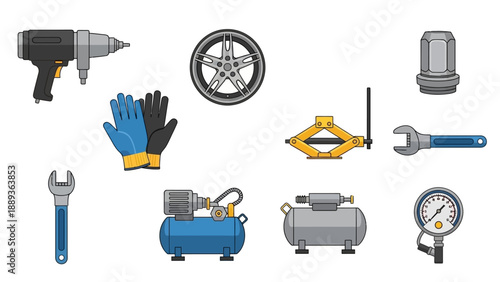 Essential car maintenance tools set with modern flat design elements for auto repairs