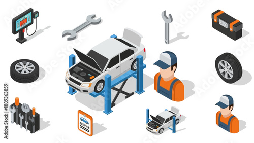 Isometric car repair shop tools and equipment set with mechanic icons