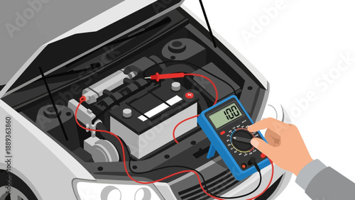 Mechanic testing car battery voltage with multimeter in flat design