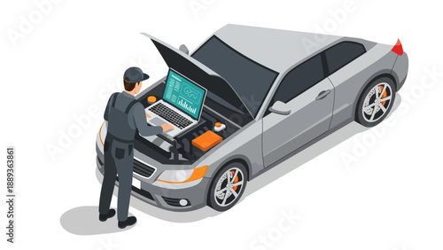 Mechanic using laptop for car diagnostics with isometric design