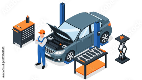 Isometric car repair scene with mechanic and tools in auto garage